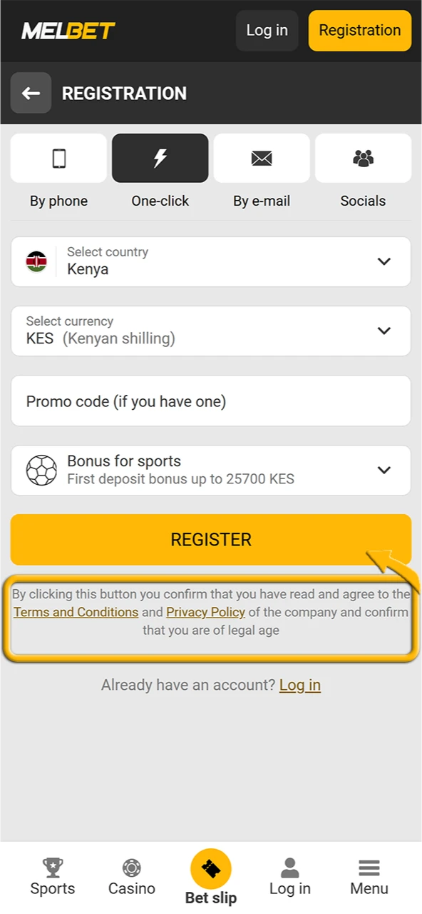 Read and accept Melbet’s Terms and Conditions before complete your registration.