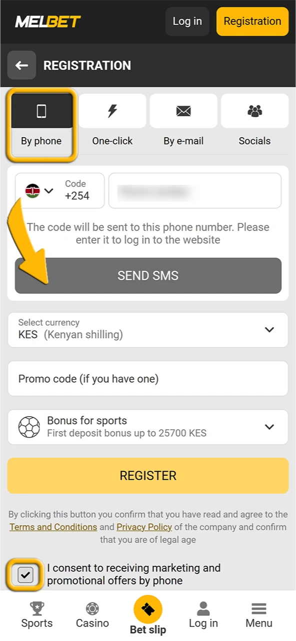 Registration by phone number in the Melbet mobile application.