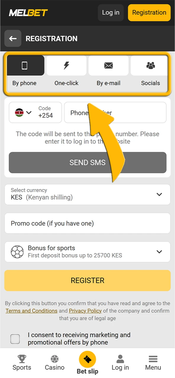 Melbet Kenya app provides choose registration method.