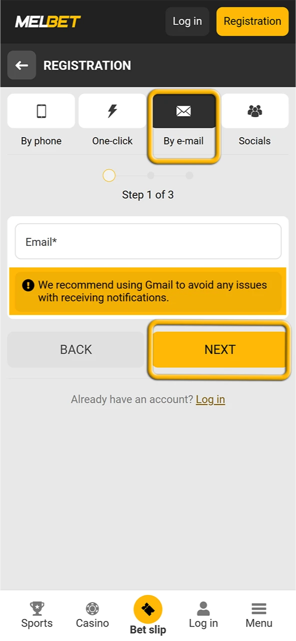 Register via email in the Melbet mobile application.