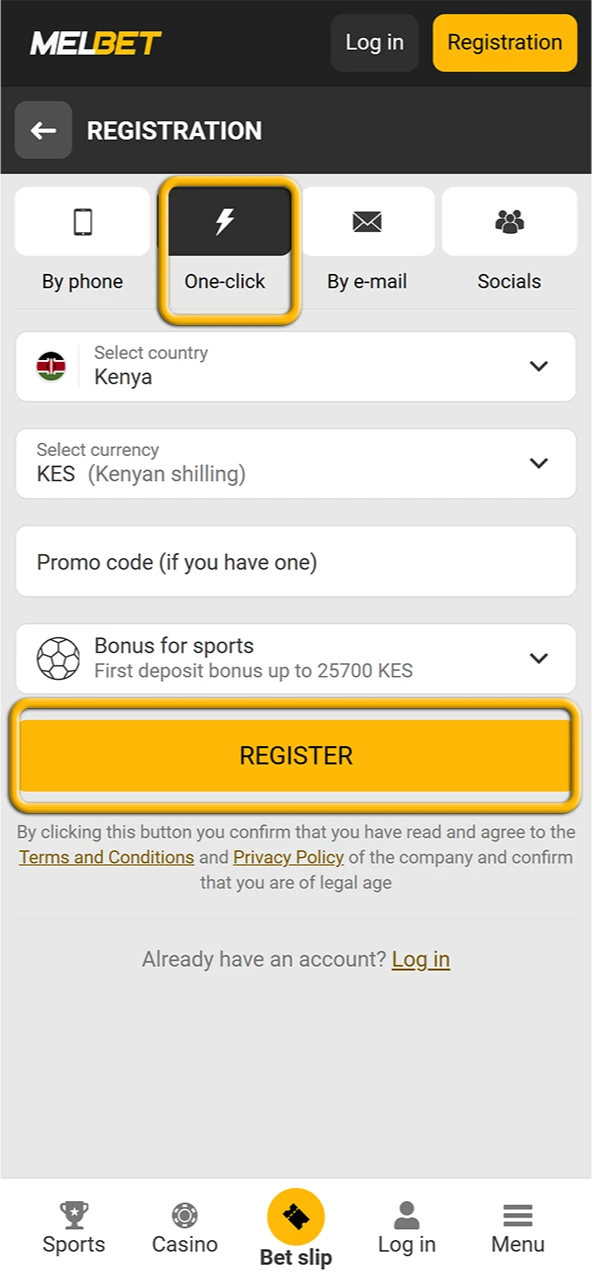 Register in one-click in the Melbet mobile application.