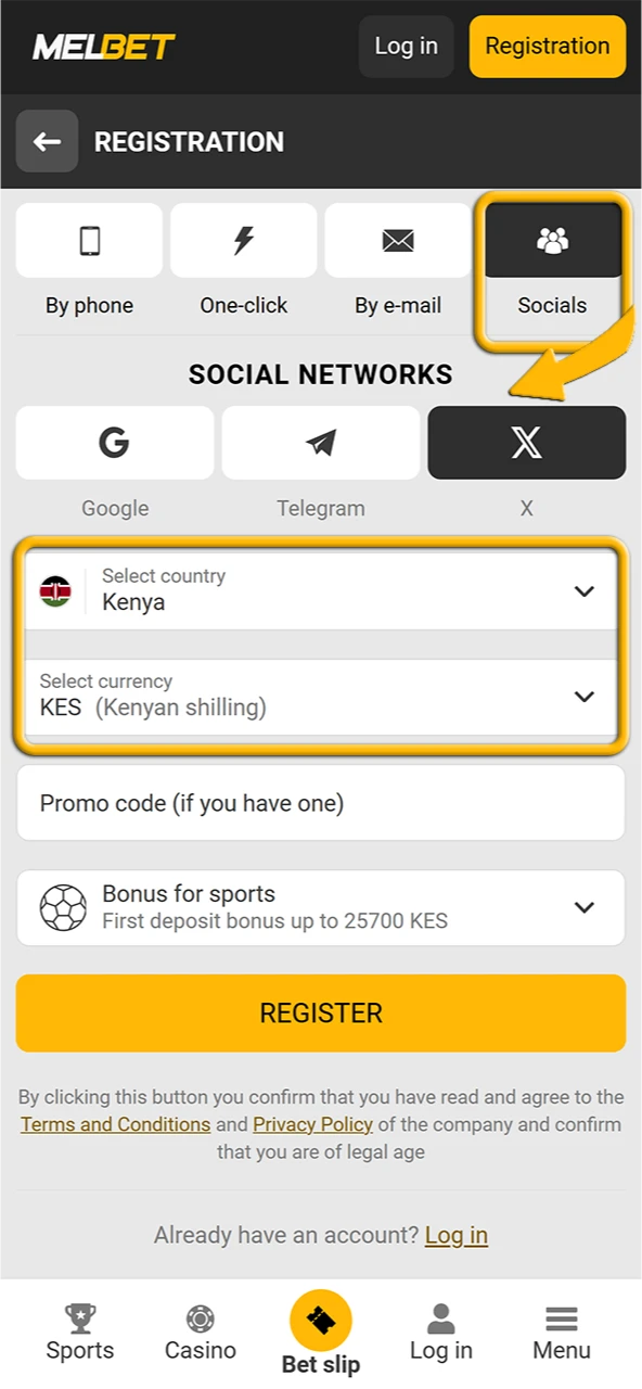 Melbet mobile app users can register via social networks.