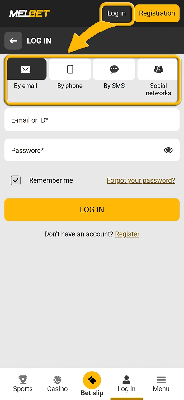 Select one of the methods to log in Melbet account.