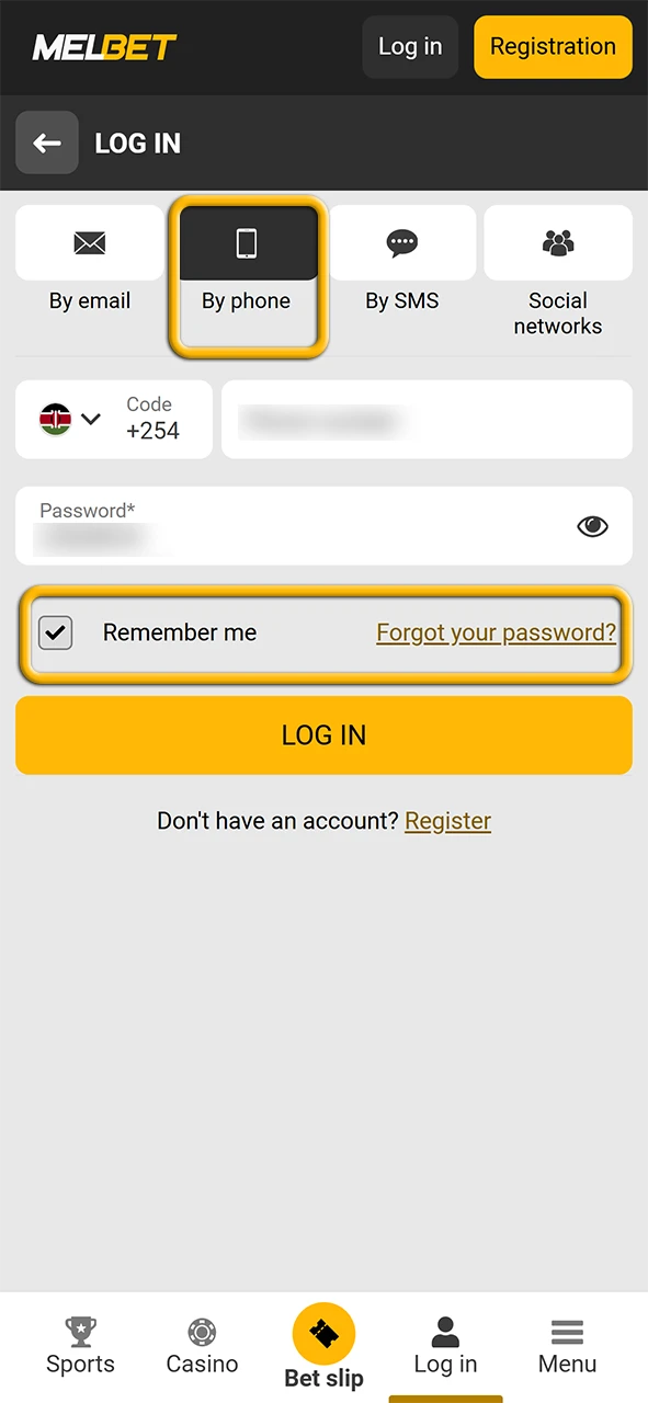 Logging in to Melbet account by phone.