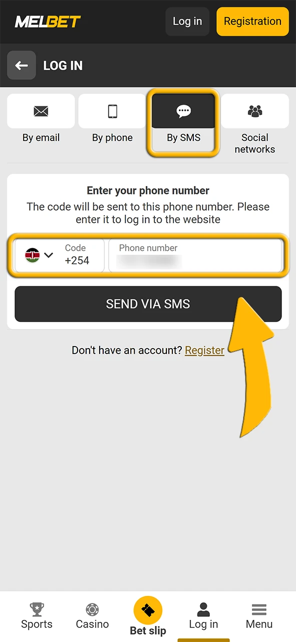Logging in to Melbet account with SMS Code.