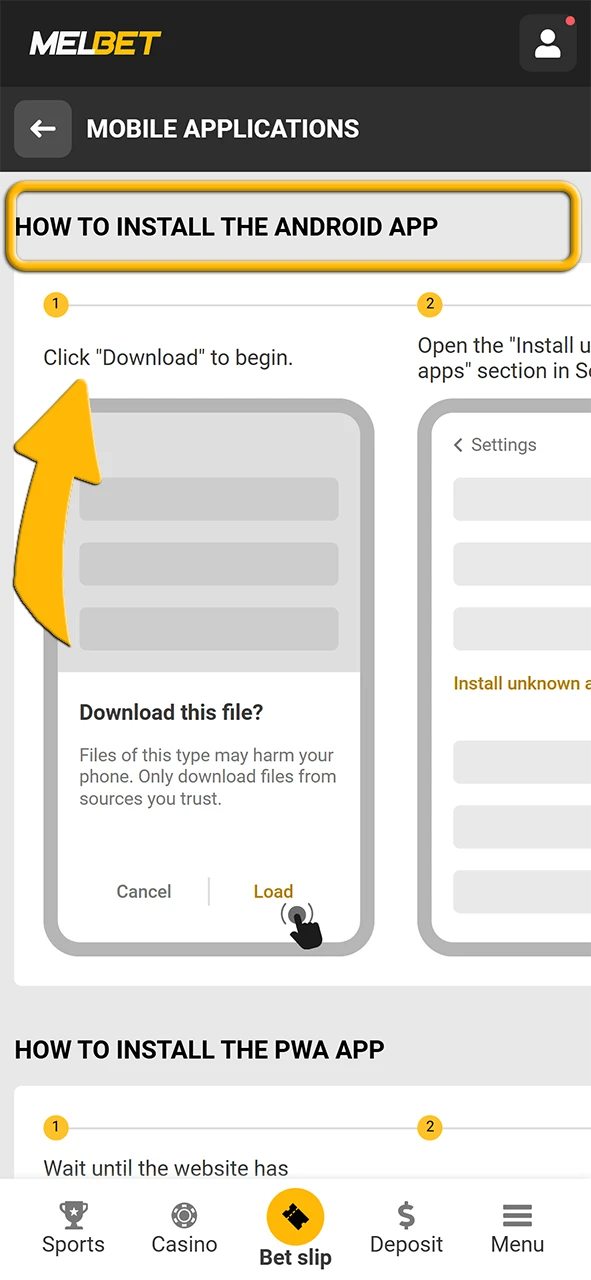 Install the Melbet application on your device following the instructions.