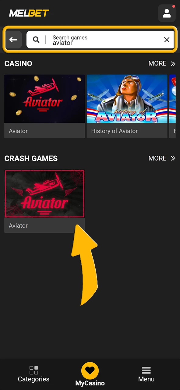 Use the search function in the Casino Section on the official Melbet to locate the Aviator game.
