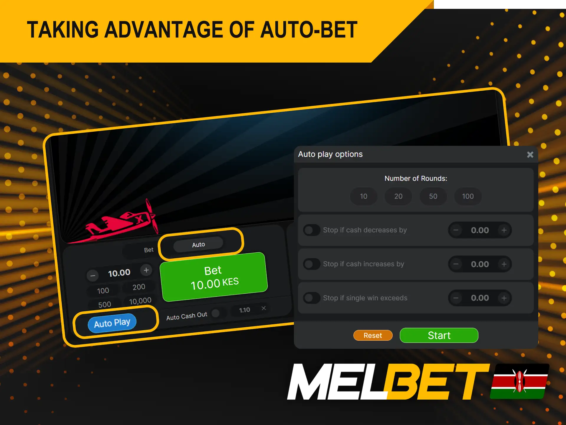 The Auto-Bet function allows users to automate the betting process for playing Aviator on the official Melbet Kenya.