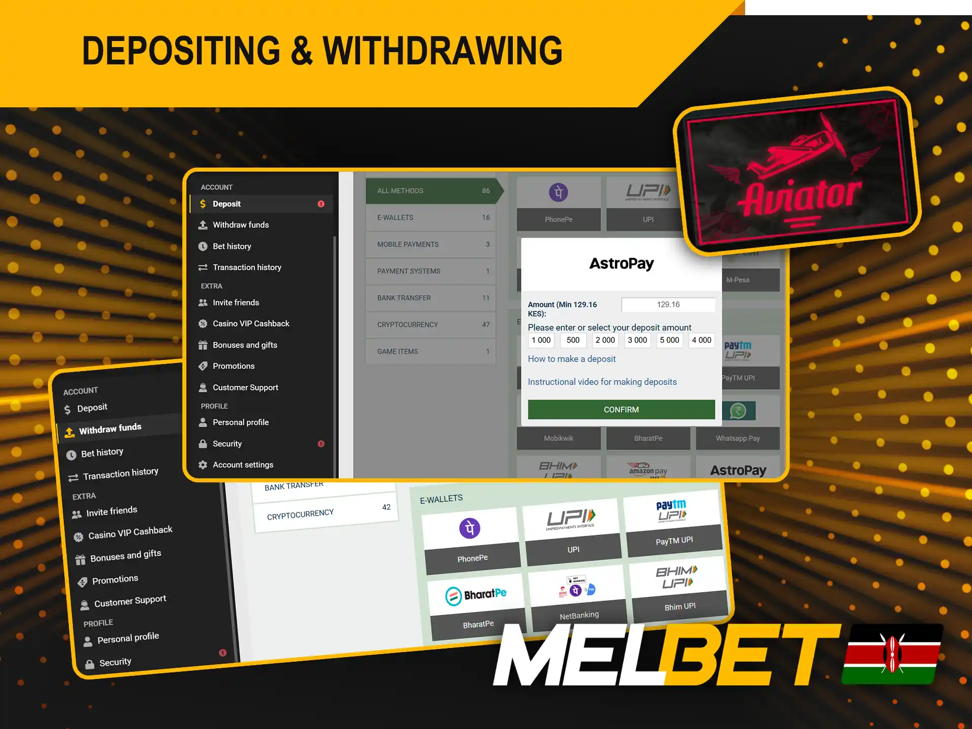 There are many convenient methods for deposit or withdrawing funds in the Aviator game on the Melbet platform.