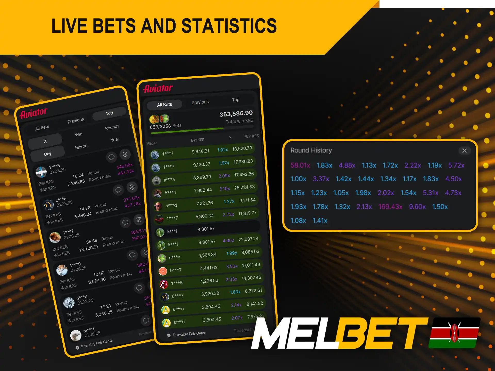 Melbet's Aviator displays a live bets and statistics.