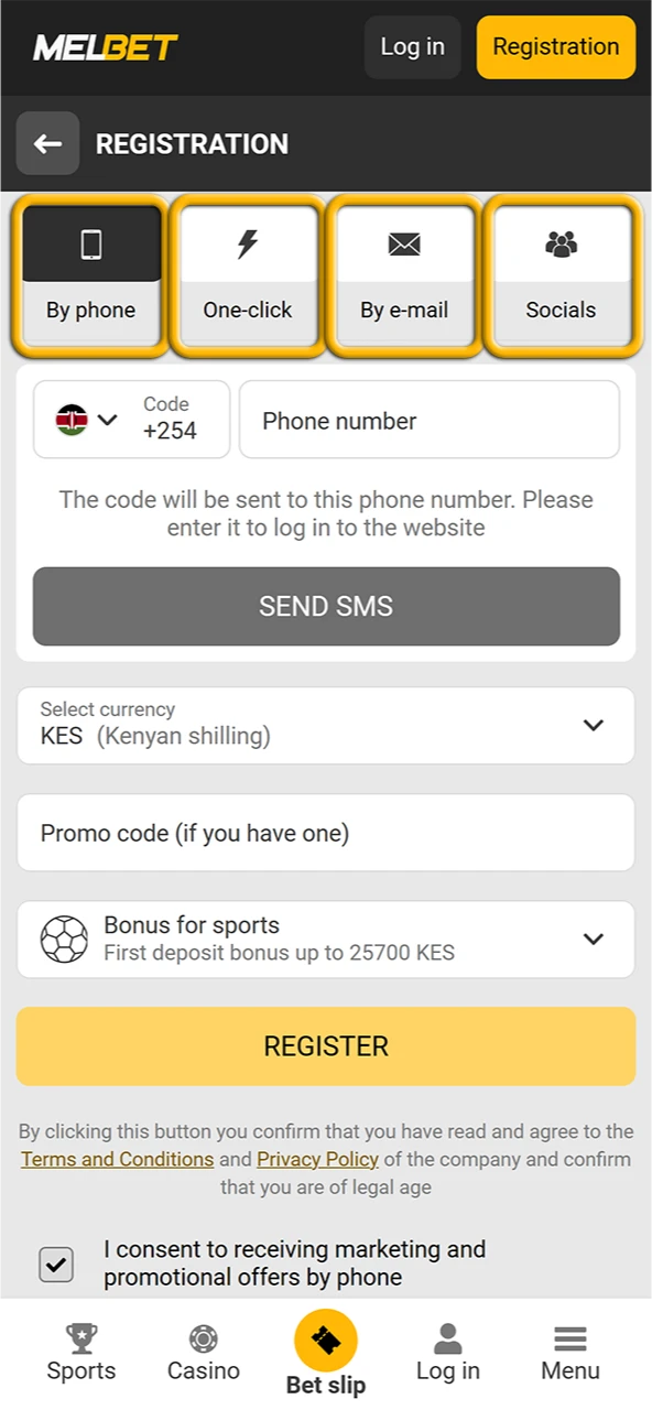Choose method of registration on the official Melbet website to play Aviator.