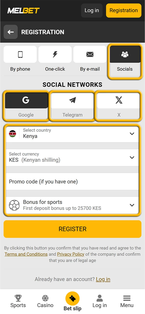 Register on the official Melbet website via social networks to play Aviator.
