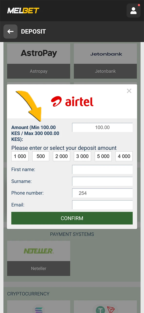 By selecting a payment method in the Melbet's account, enter the deposit amount.