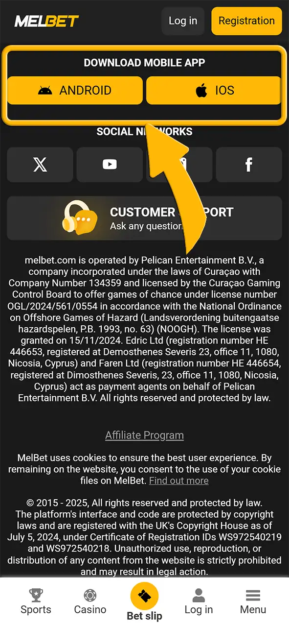 Download and install the Melbet mobile app.