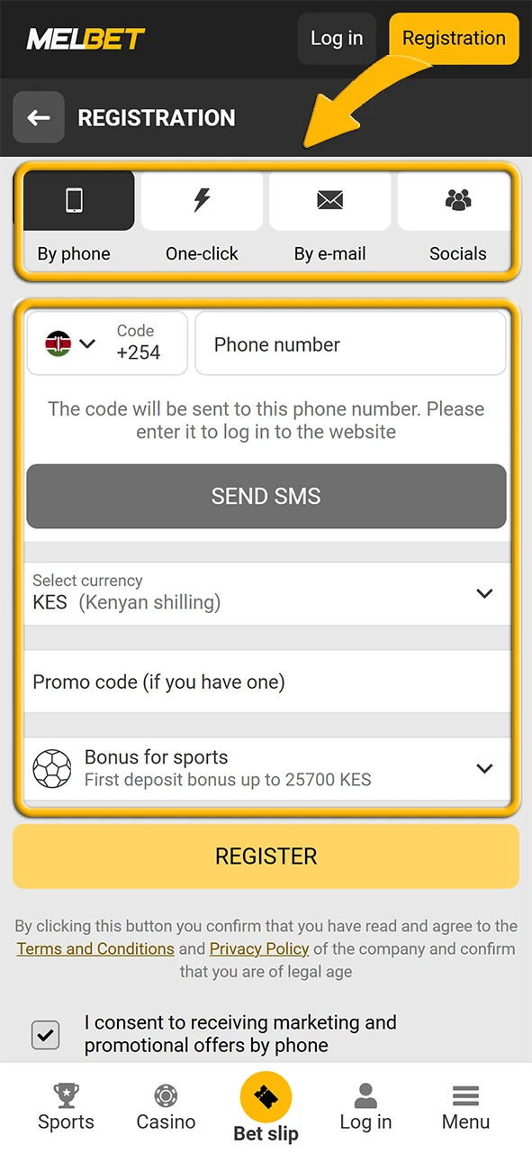 Create your Melbet's account by choosing a registration method.