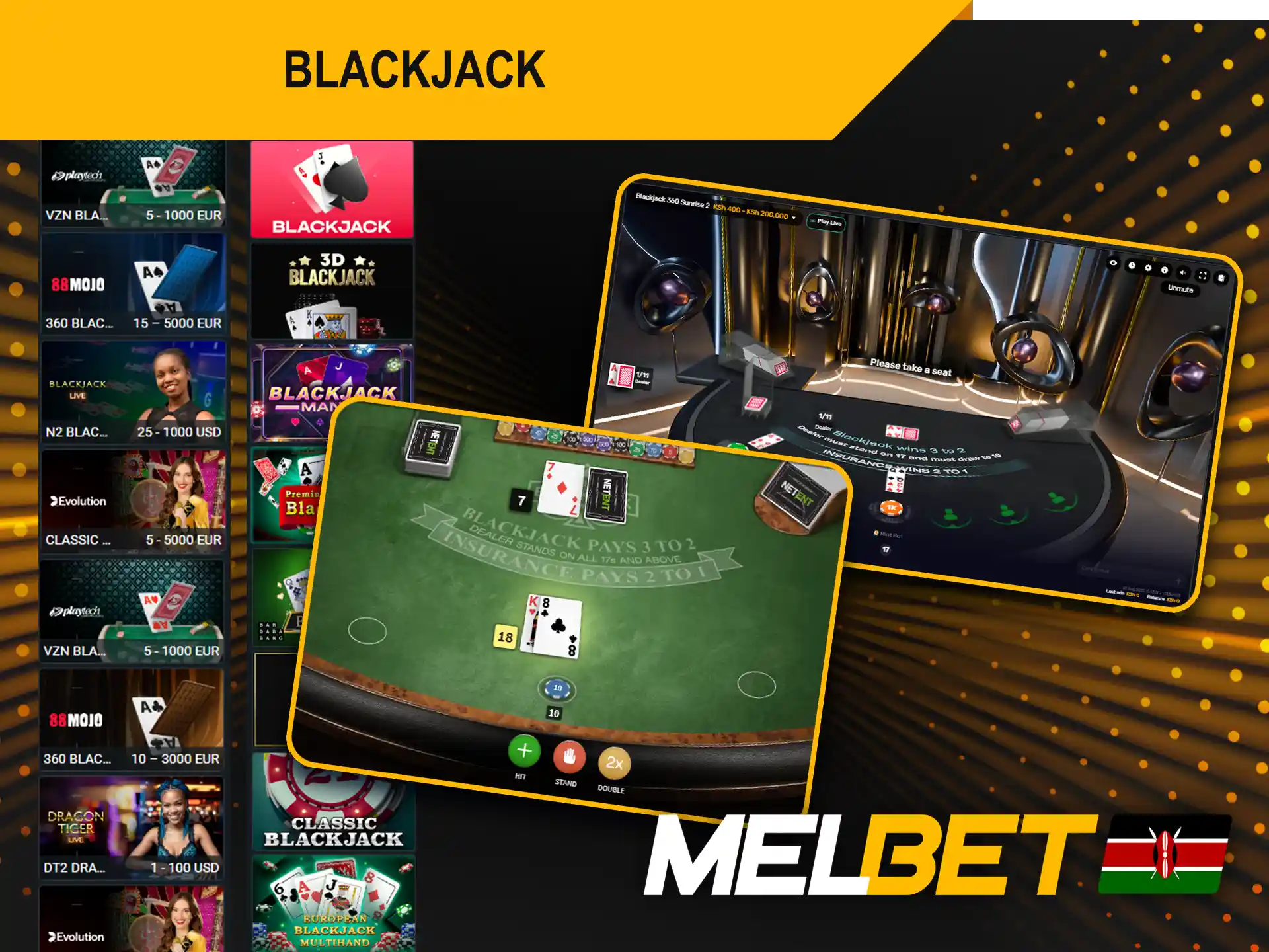 Blackjack is available on the official Melbet platform in Kenya.