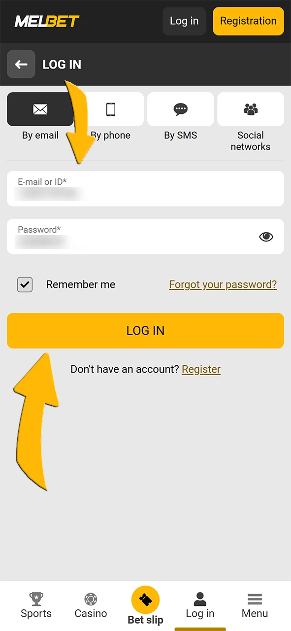 Log in to your Melbet account.