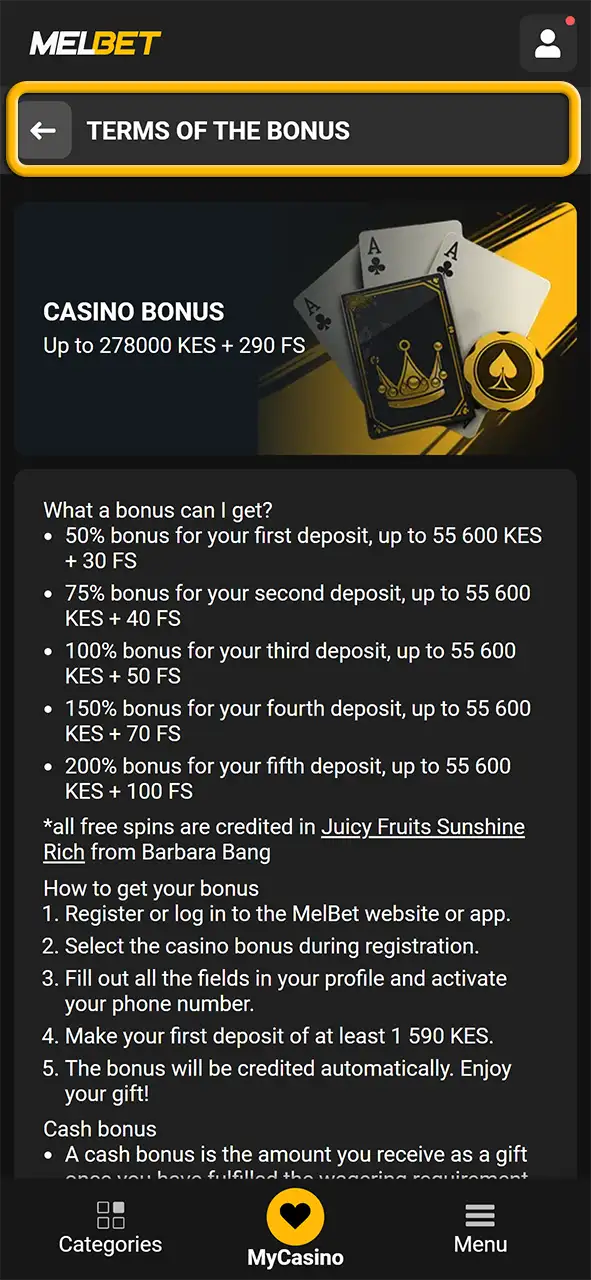 Follow all the conditions mentioned for the selected Melbet bonus.