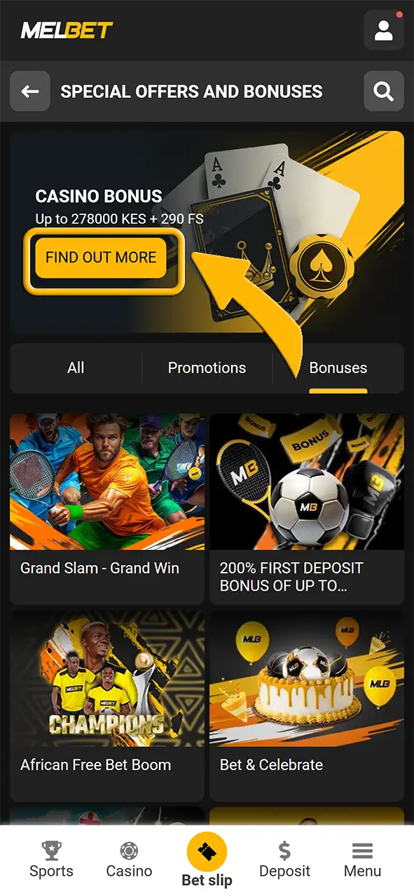 Select a Melbet casino bonus.