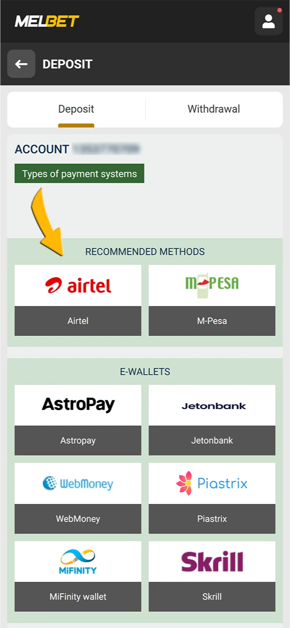 Choose deposit methods into your Melbet account.