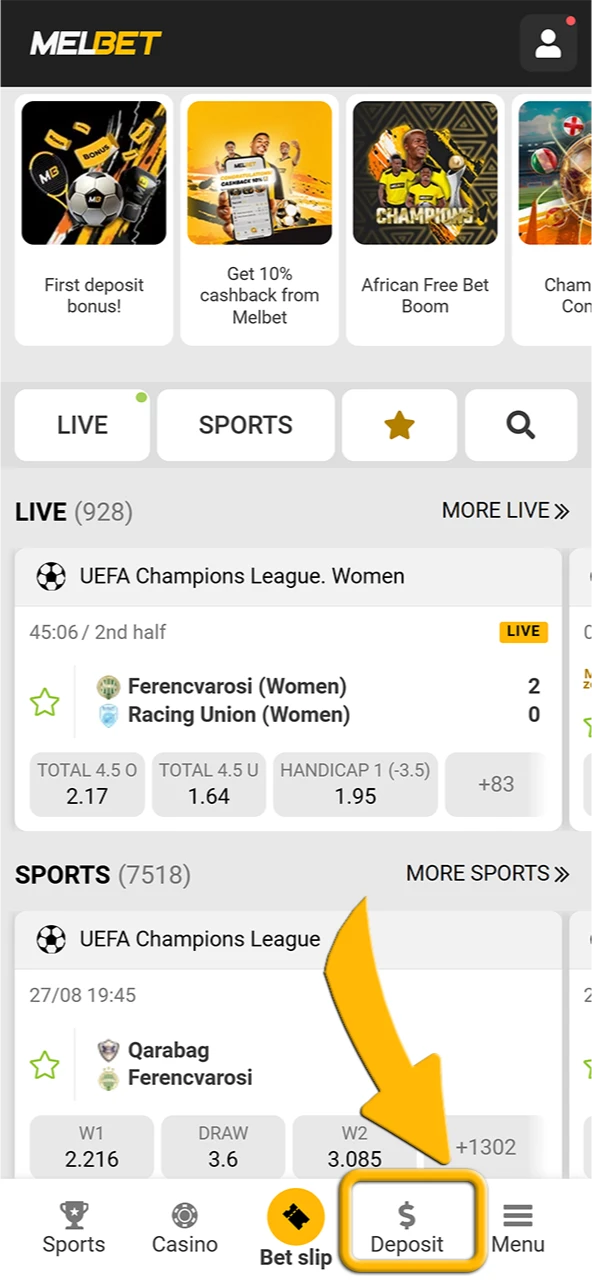 Click the Make a Deposit button in the official Melbet webcite interface.