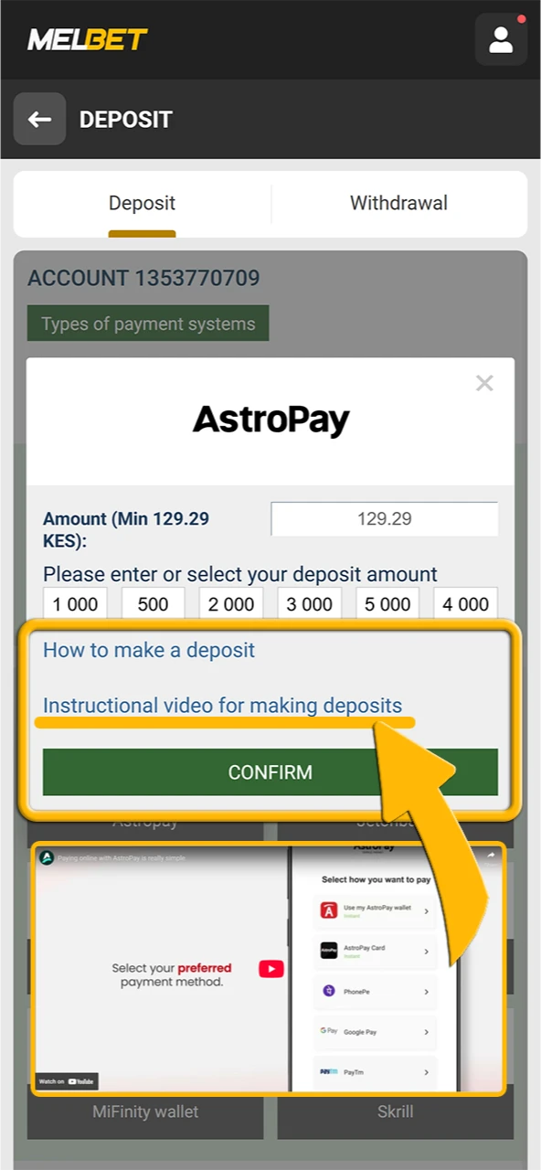 Follow the on-screen instructions to make a deposit on the Melbet platform.