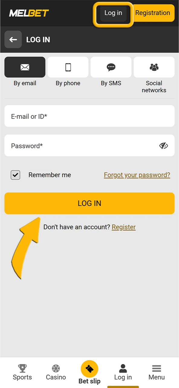 Log in to your Melbet account to make deposit.