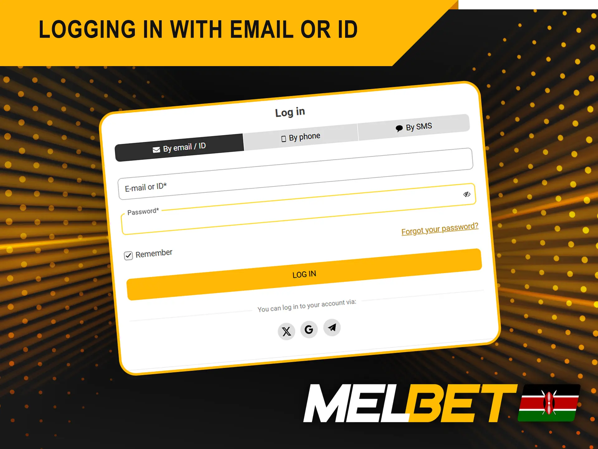 The By email / ID tab offers a simple way to log in Melbet.