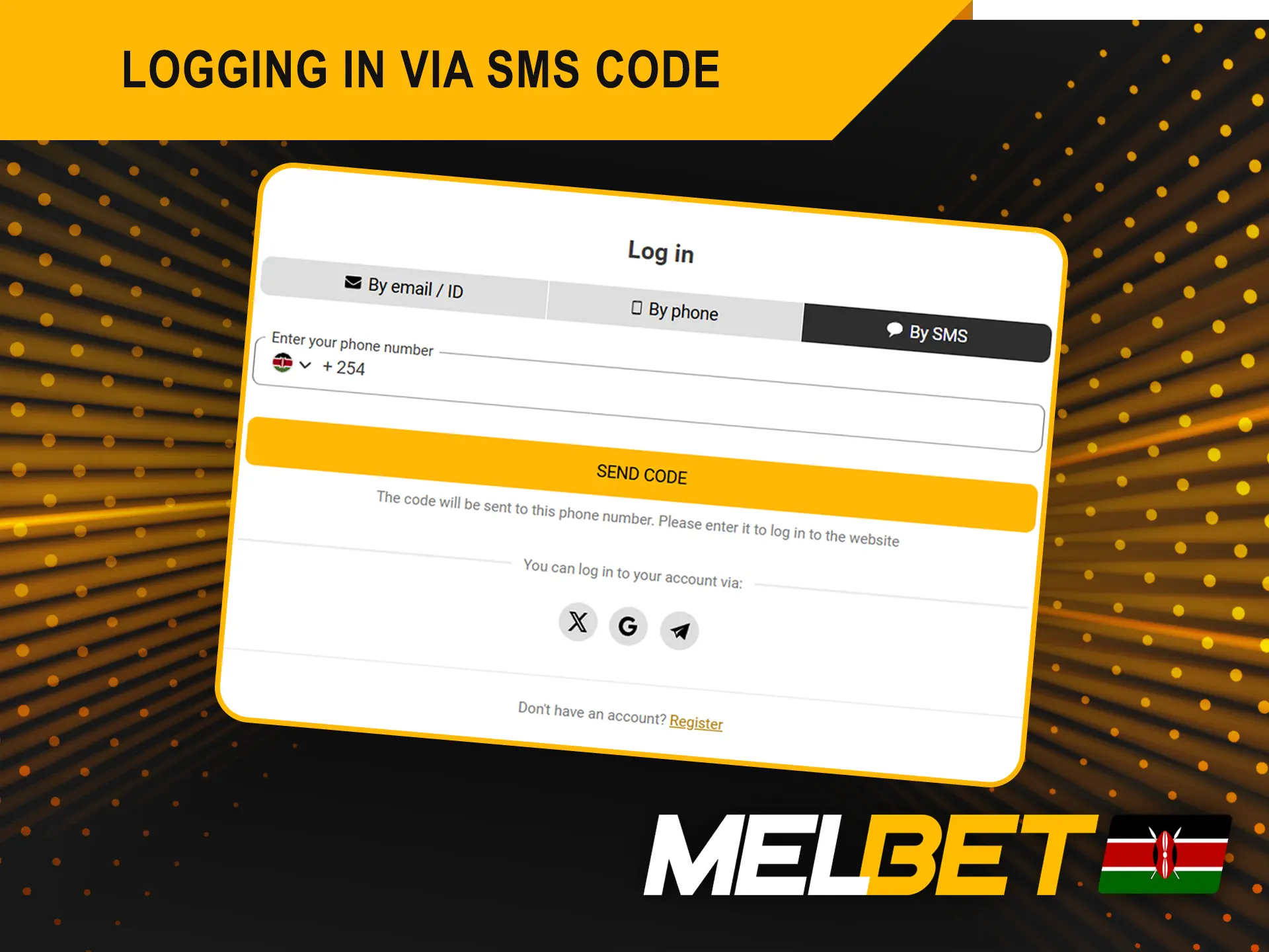 Logging Melbet in with a one-time SMS code.
