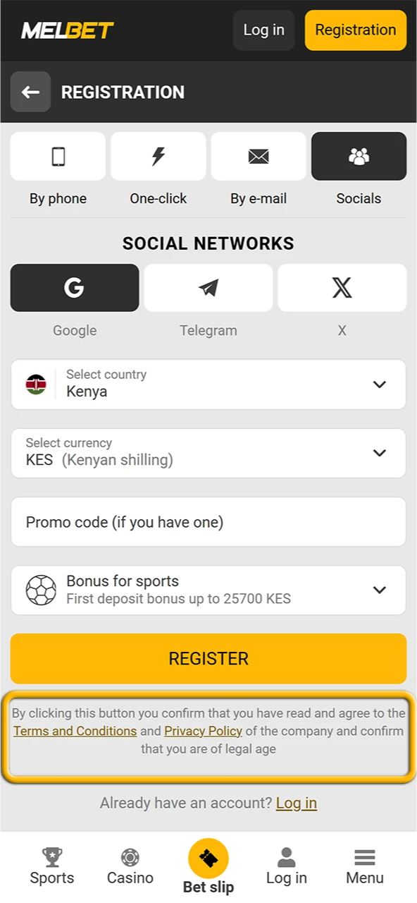 Users must read and agree to Melbet's Terms and Conditions and Privacy Policy.
