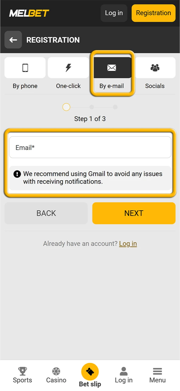 Registration by e-mail on the Melbet requires detailed information.