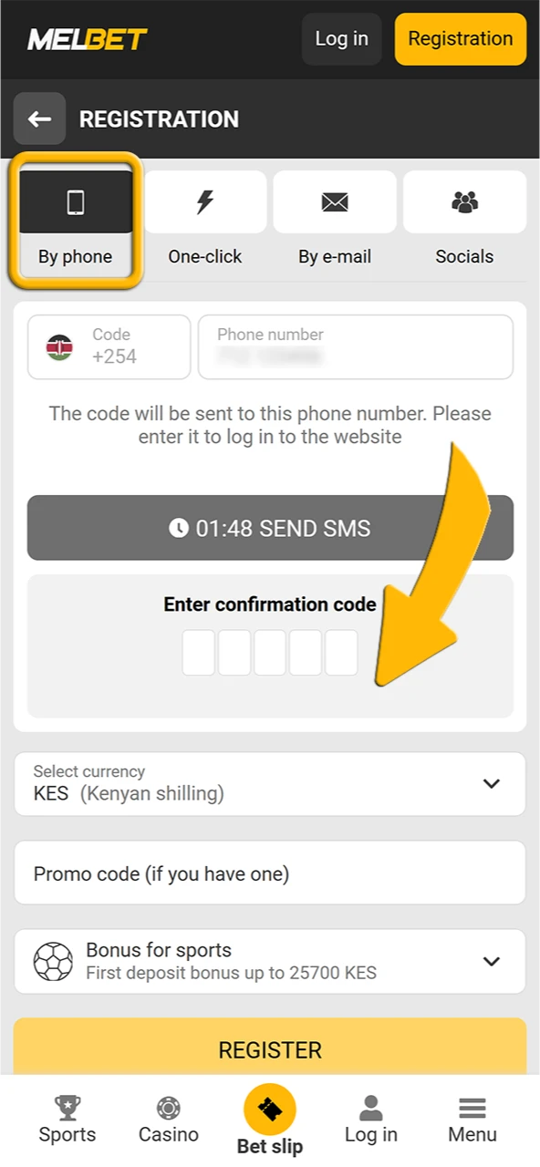 Enter confirmation code to register by phone on the Melbet website.