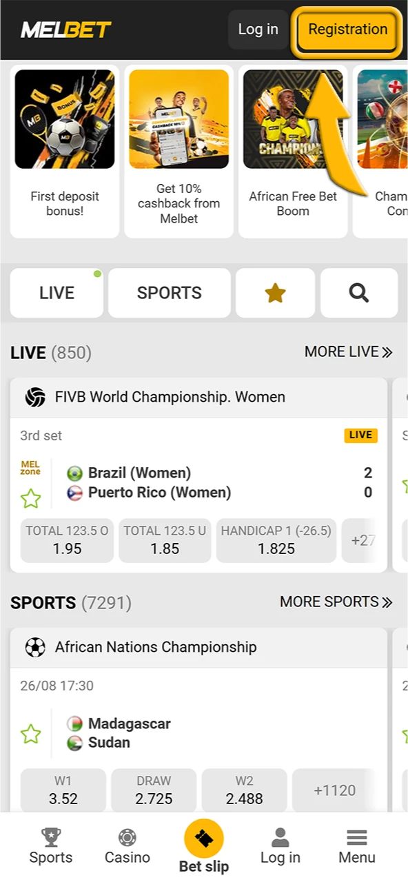 Click on the Registration button in the top-right corner of the Melbet platform.