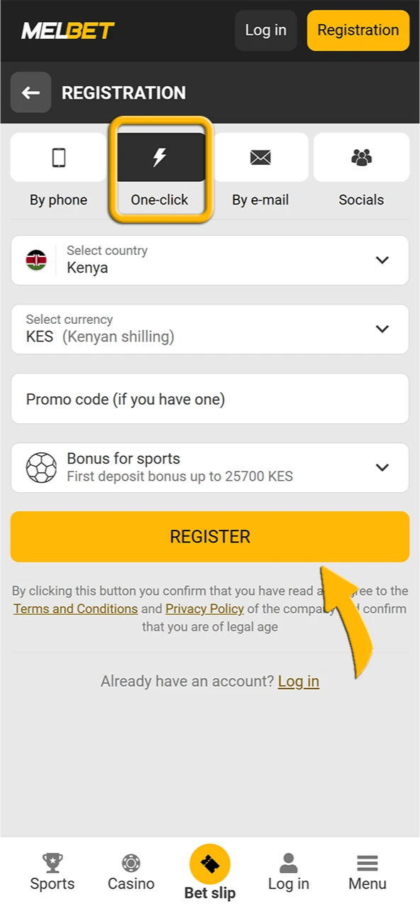 Register in one click is the fastest way to create an account at the Melbet website.