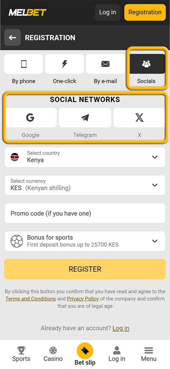 Melbet Kenya supports registration using social networks.