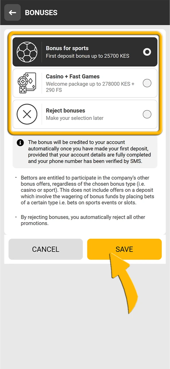 Choose the welcome bonus you want to use at Melbet.