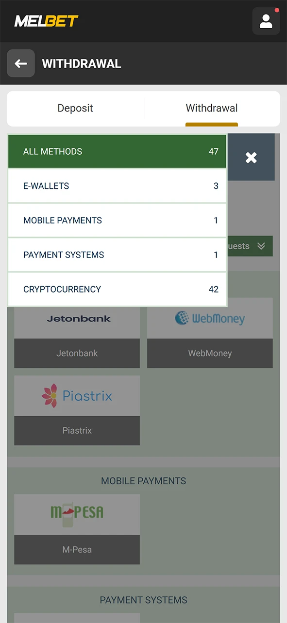 Choose the withdrawal method at Melbet website.