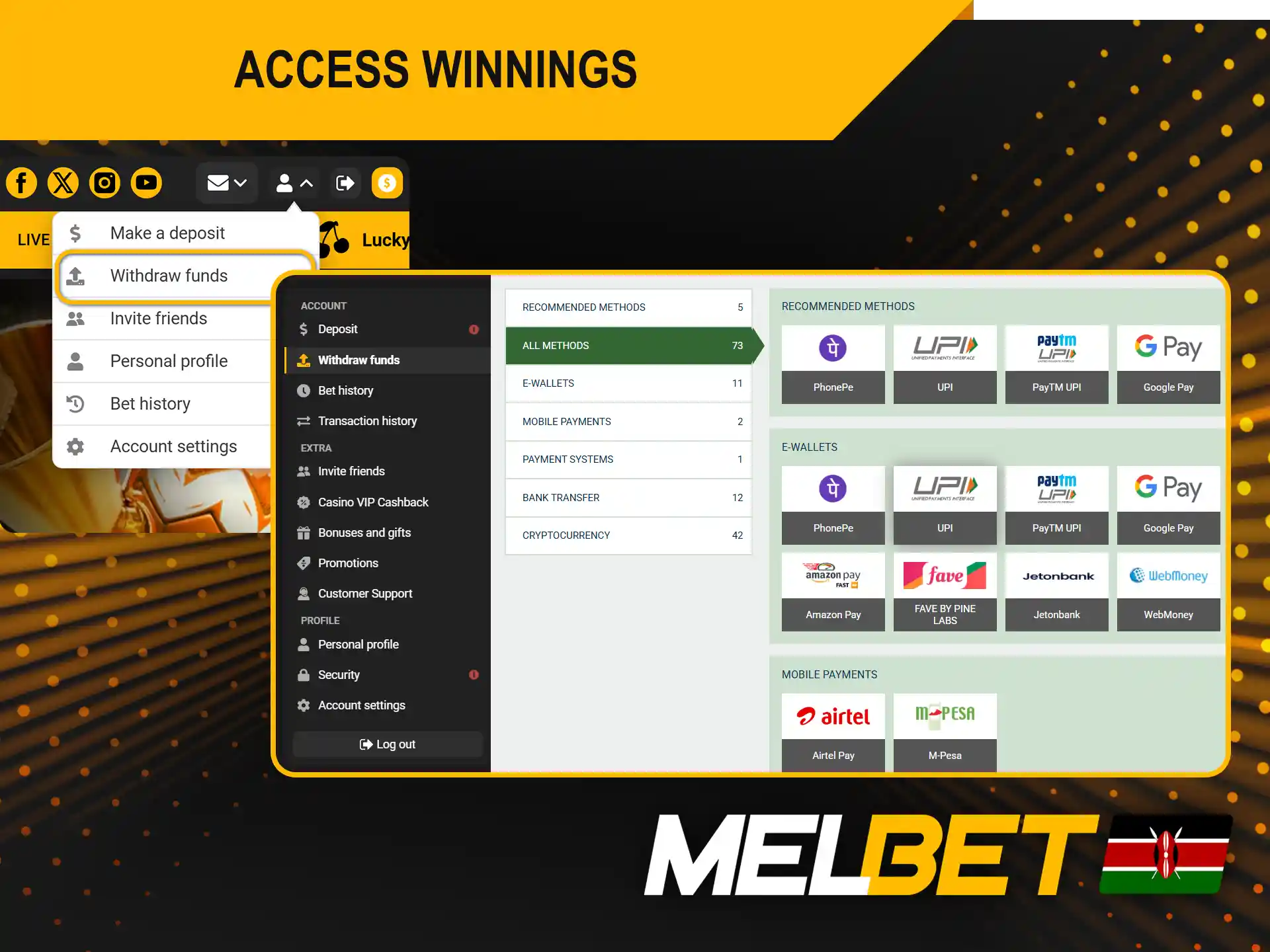 Access your winnings on the official Melbet platform.