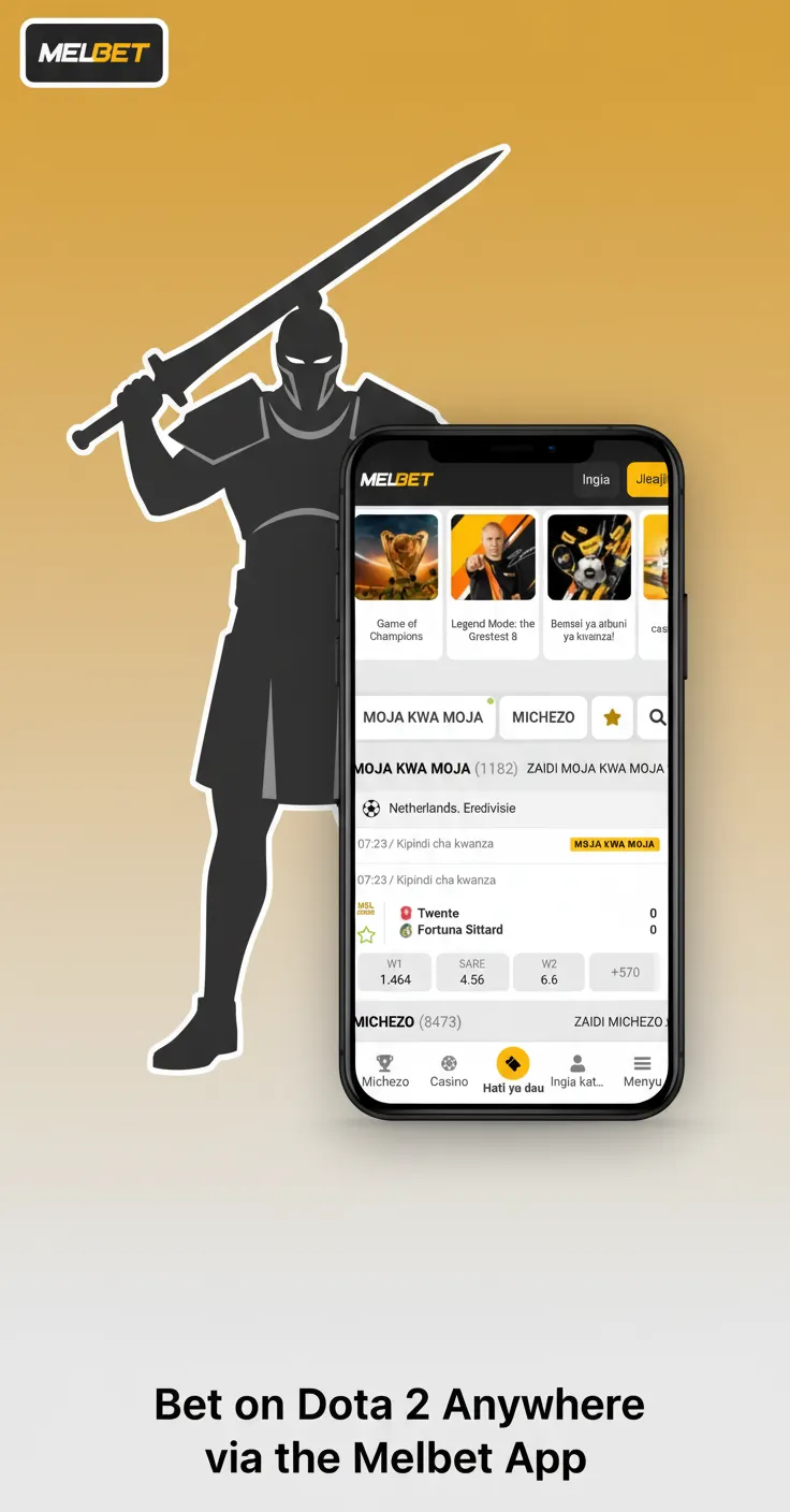 Melbet app on phone for Dota 2 betting with live odds and KES deposits via M-Pesa and Airtel Money in Kenya.