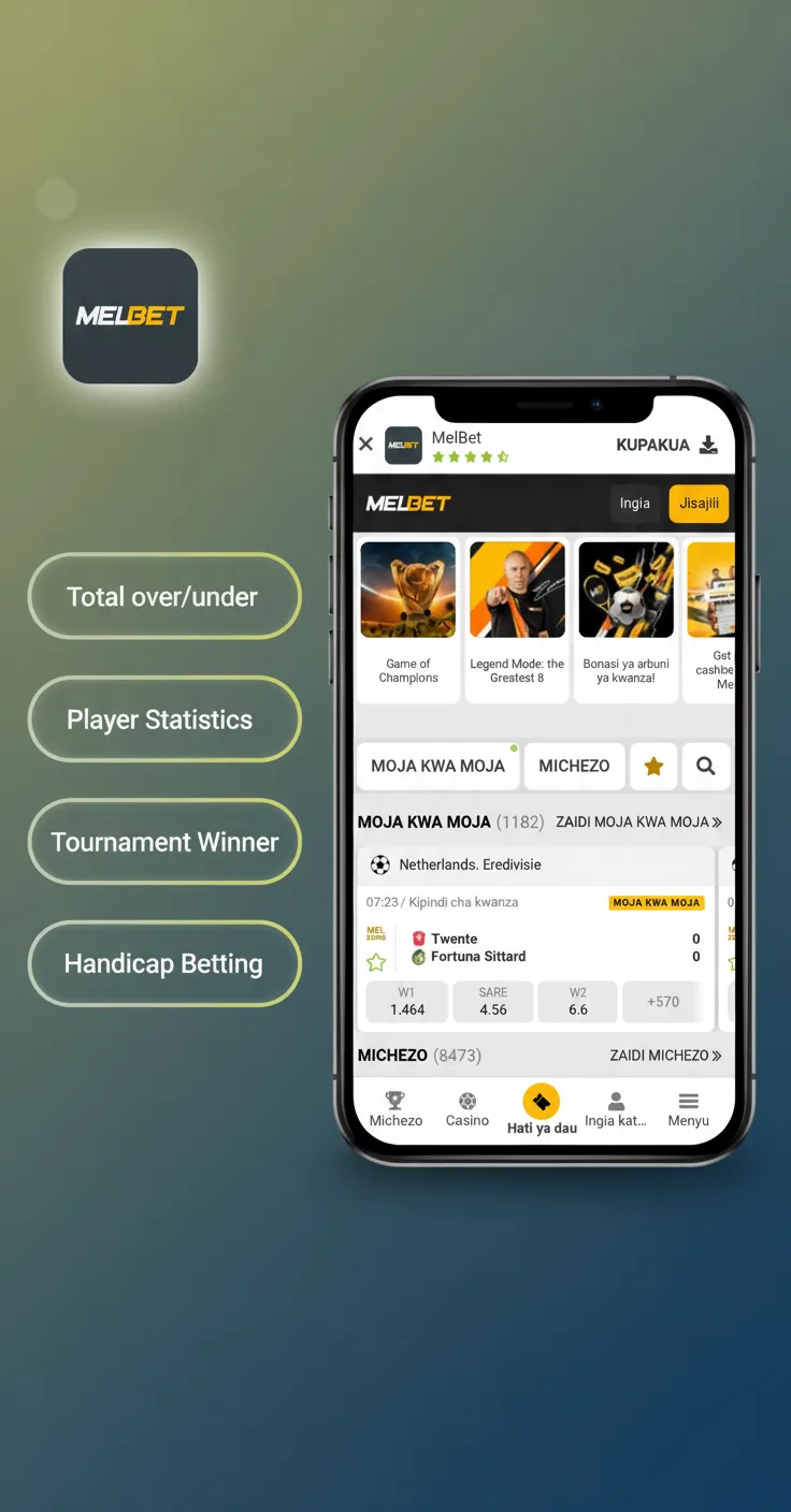 Infographic listing bet types on Melbet Mobile: Single, Accumulator, System, Handicap, Over/Under.