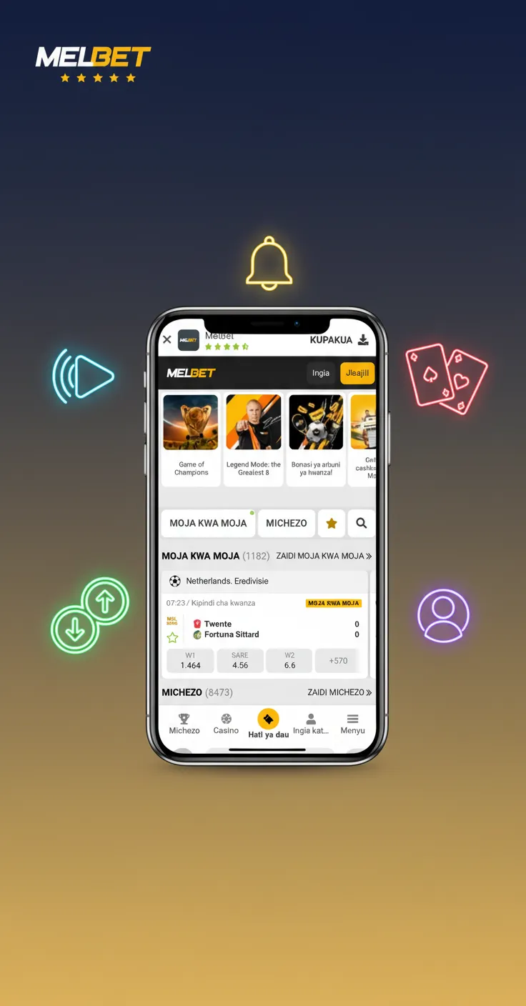 Melbet mobile app features graphic showing fast markets, KES support, live betting with cash-out, biometrics, 24/7 support.