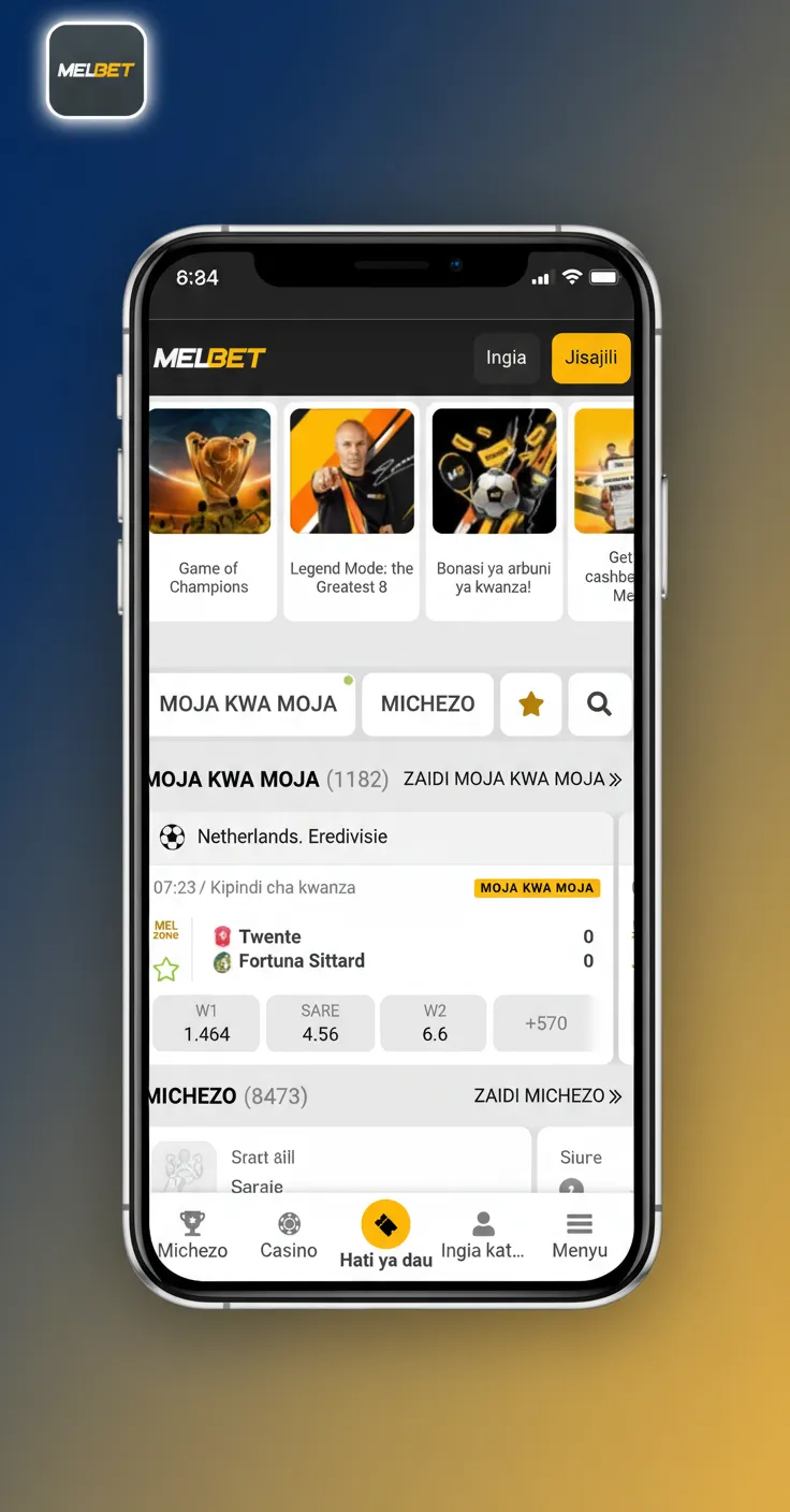 Melbet PWA interface showing clean layout, large odds buttons, and fast tabs for Sports, Live, Casino, Virtuals.