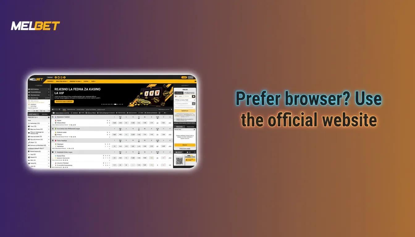 Desktop browser showing official Melbet site with live betting, slots, tables; no install needed; data synced across devices.