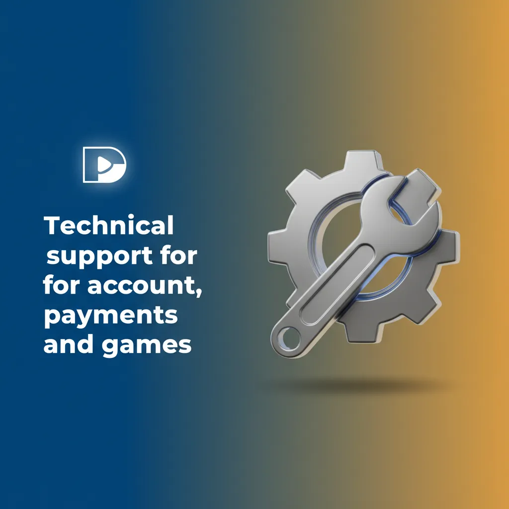 Technical support agent with headset, icons for account, payments, and games; 24/7 help via live chat or email.