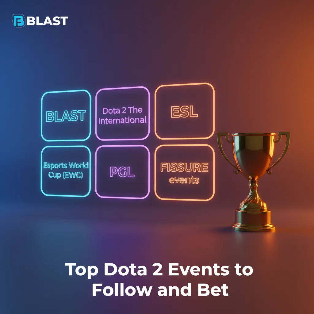 Dota 2 tournament montage with arena crowd, logos for TI, BLAST, ESL, EWC, PGL, FISSURE, and a betting odds panel.
