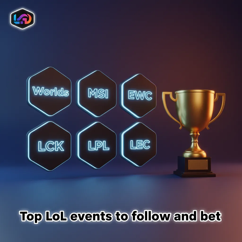 Graphic listing top League of Legends events to bet: Worlds, MSI, EWC, LCK, LPL, LEC; elite teams, high-volume markets.