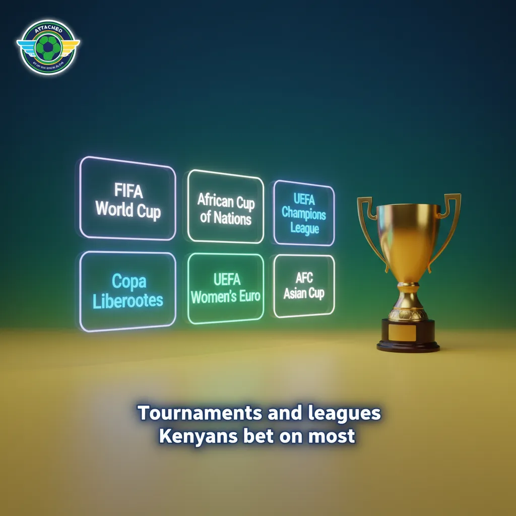 Infographic of football competitions popular with Kenyan bettors: World Cup, AFCON, UEFA, CAF, FKF, MLS, Libertadores.