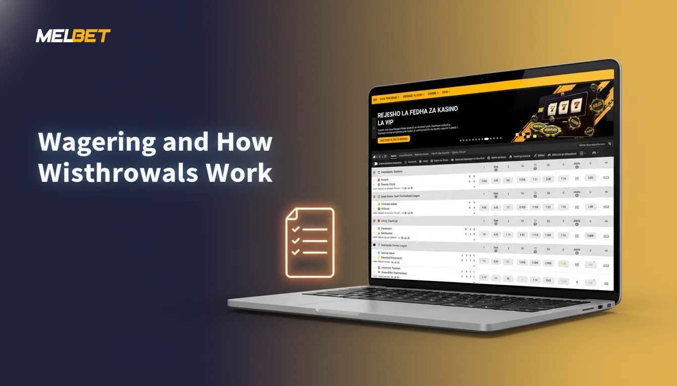 Infographic explaining Melbet bonus wagering and withdrawals: bonus balance, 35x target, game weights, time limits, KYC.