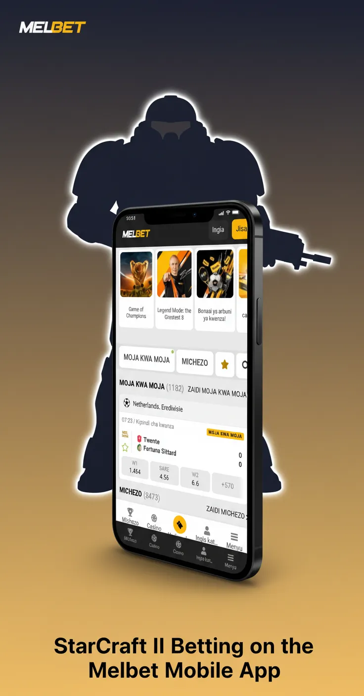 Mobile screen with Melbet app showing StarCraft II match odds, live markets, and bet slip.