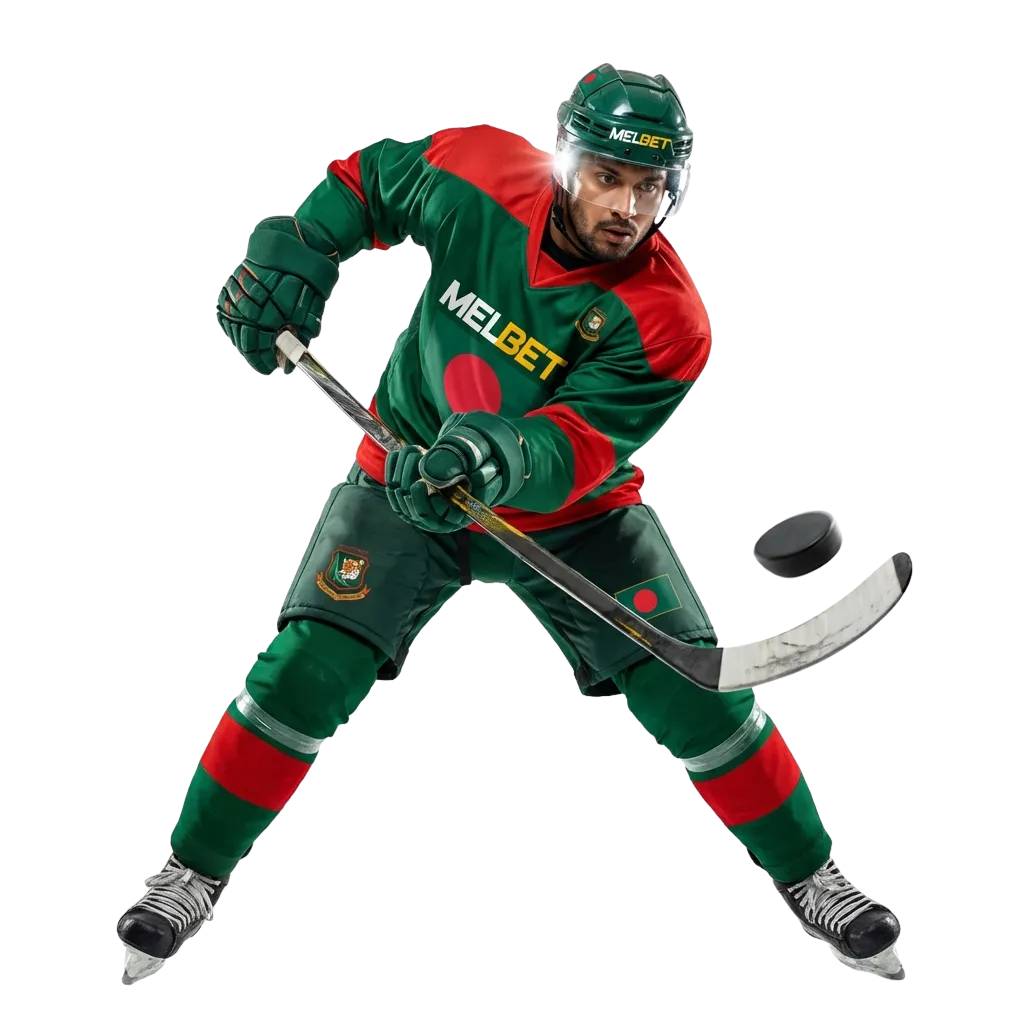 Melbet Bangladesh ice hockey betting interface showing NHL and KHL odds with live match markets and welcome bonus offer